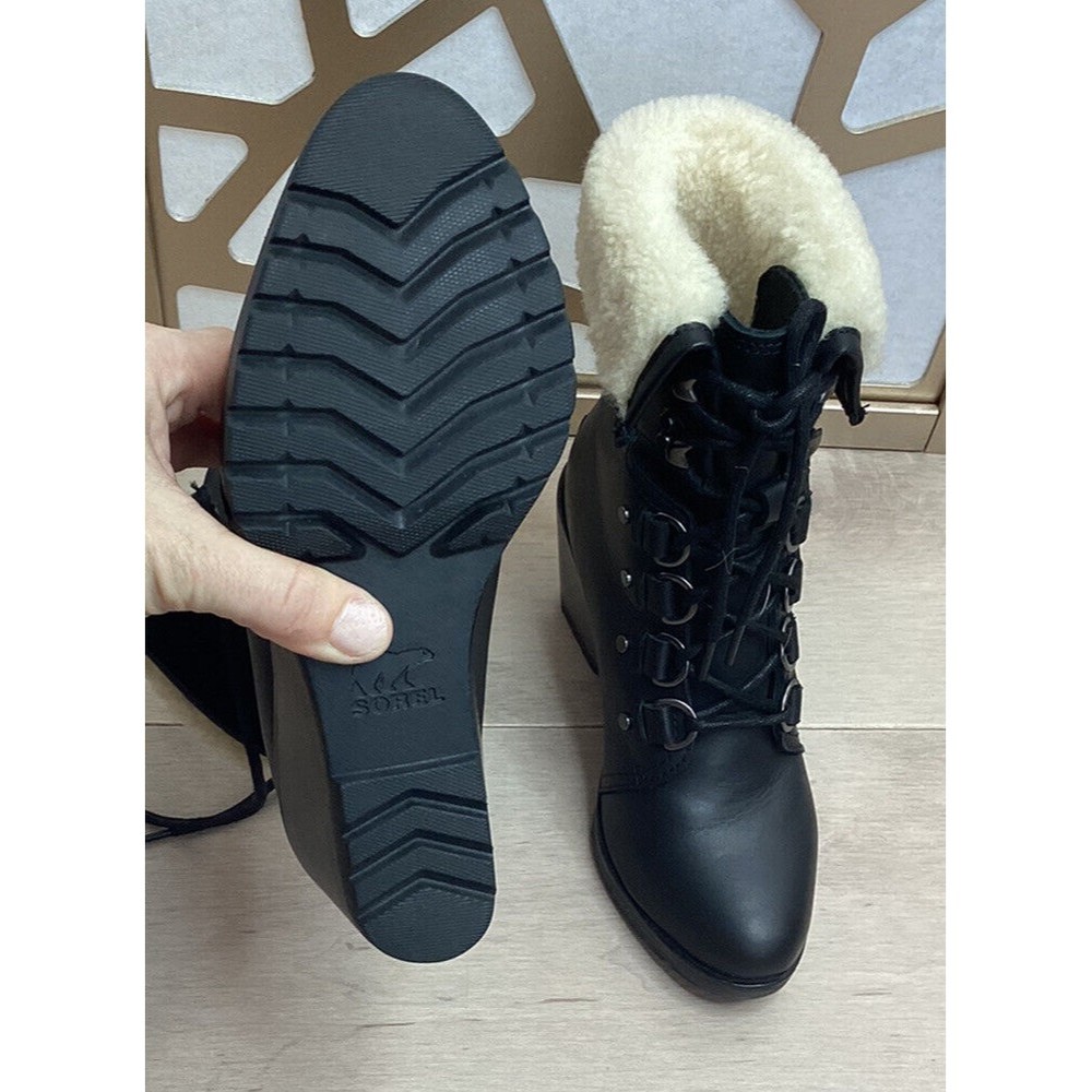 Sorel Women After Hours Lace Up Shearling Black Leather Wedge Boots fur collar 7 - Picture 11 of 11